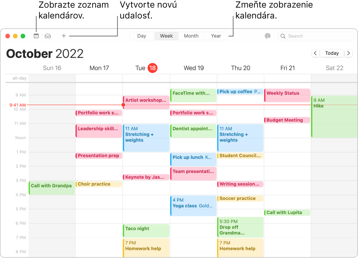 Okno aplikácie Kalendár zobrazujúce zoznam kalendára, ako vytvoriť udalosť a ako vybrať zobrazenie Deň, Týždeň, Mesiac a Rok.