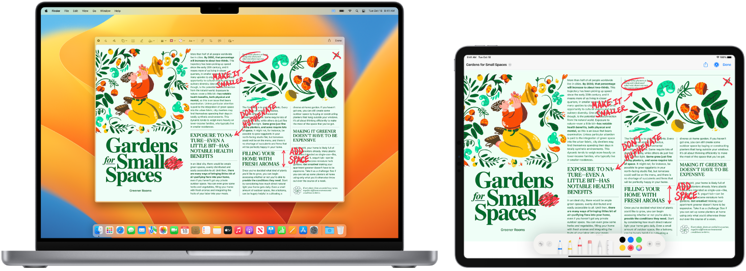 MacBook Pro a iPad vedľa seba. Na oboch obrazovkách sa zobrazuje článok s červenými rukou písanými korektúrami, napríklad preškrtnutými vetami, šípkami a pridanými slovami. V dolnej časti obrazovky iPadu sa zobrazujú aj ovládacie prvky značiek.