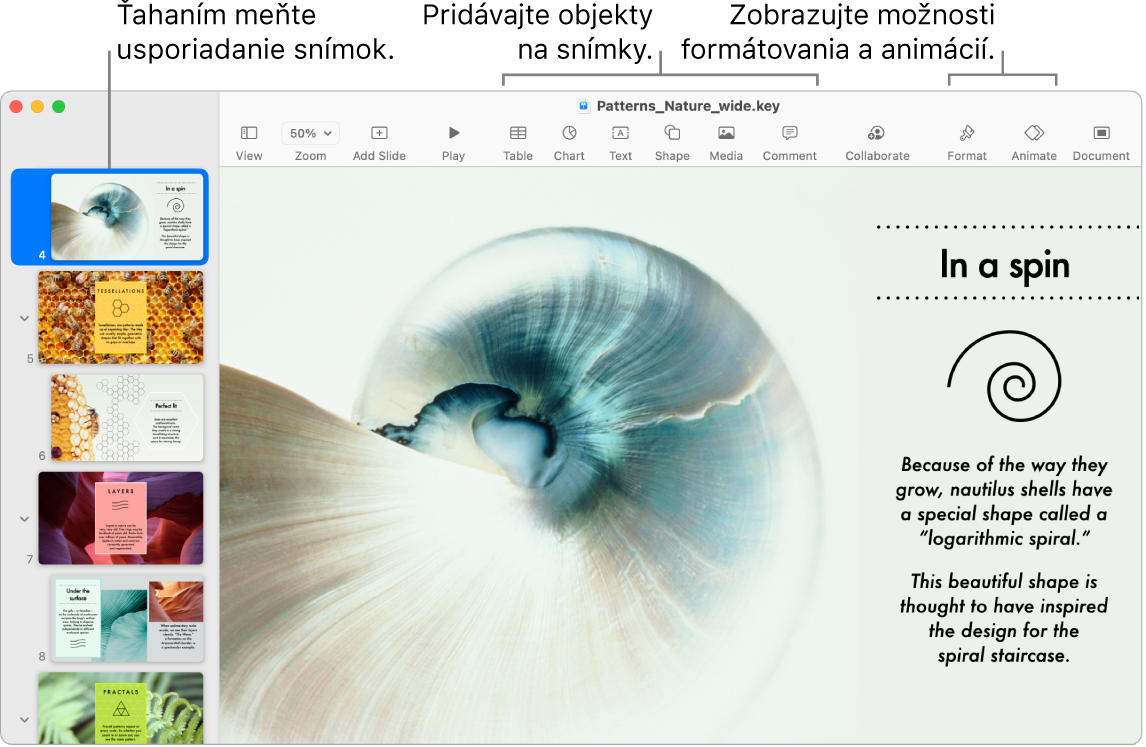 Okno Keynote zobrazujúce navigátor medzi snímkami naľavo a ako preusporiadať snímky, panel s nástrojmi a jeho nástroje úprav v hornej časti, tlačidlo Spolupracovať v pravej hornej časti a tlačidlá Formátovať a Animovať napravo.