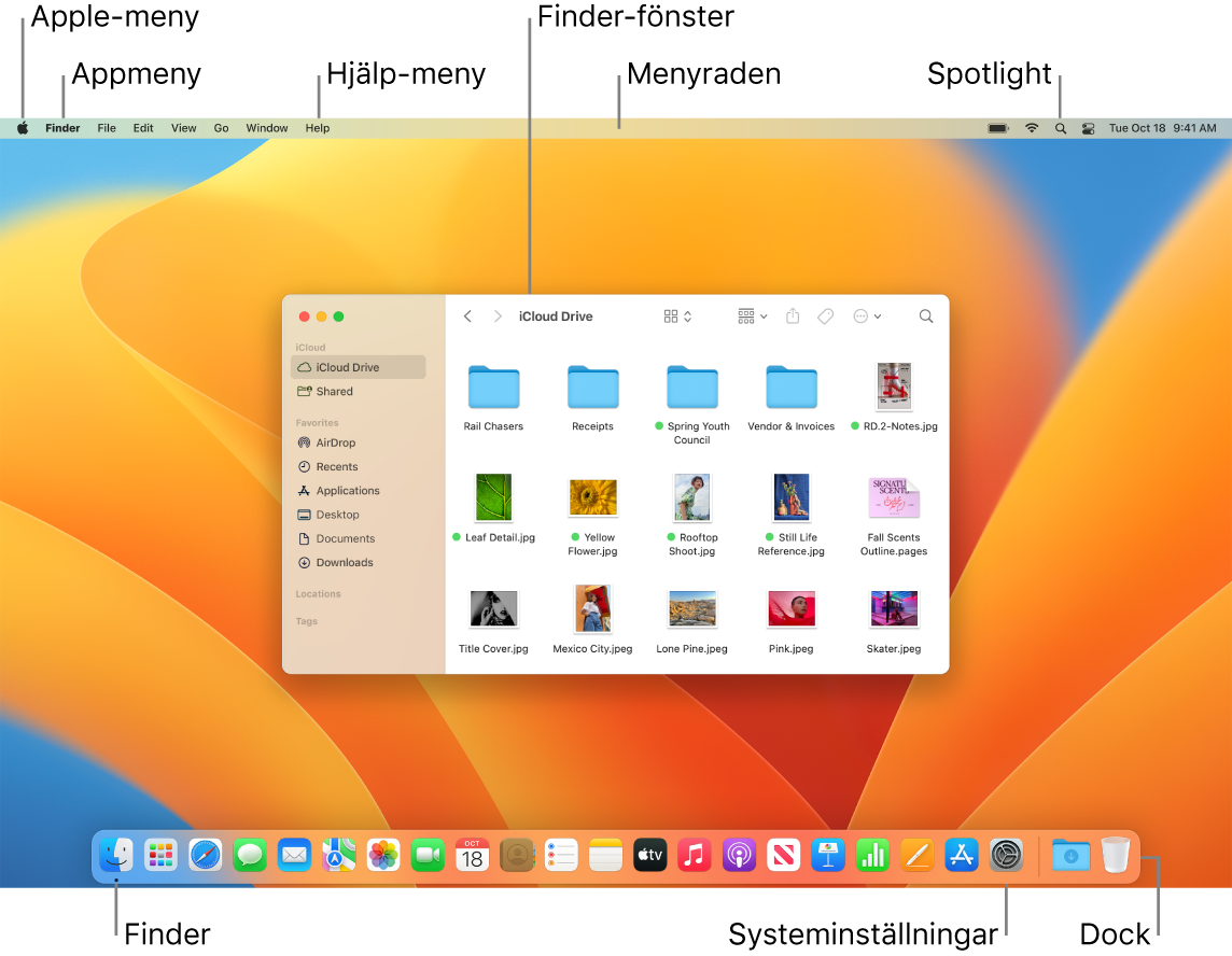 En Mac-skärm som visar Apple-menyn, appmenyn, Hjälp-menyn, ett Finder-fönster, menyraden, Spotlight-symbolen, Finder-symbolen, symbolen för Systeminställningar och Dock.
