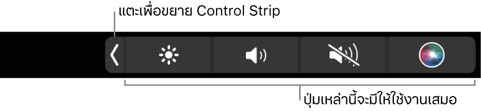 หน้าจอส่วนหนึ่งของ Touch Bar เริ่มต้นที่แสดง Control Strip ที่ยุบที่มีปุ่มที่พร้อมใช้งานเสมอ: ความสว่าง ระดับเสียง และปิดเสียง แตะเพื่อปุ่มขยายเพื่อแสดง Control Strip แบบเต็ม