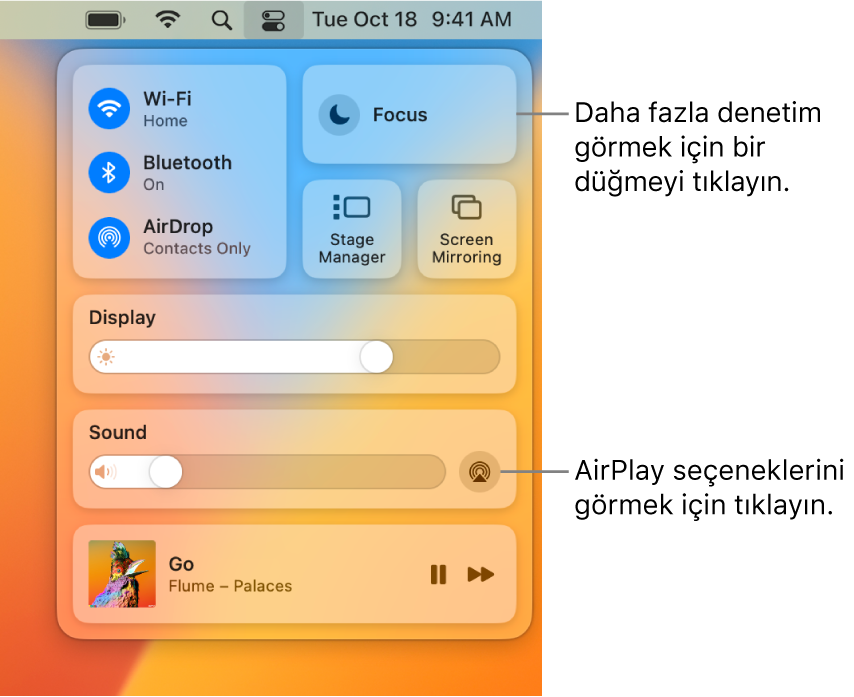 Mac’inizdeki Denetim Merkezi’nin Ekran düğmesine bir belirtme çizgisiyle büyütülmüş görüntüsü.