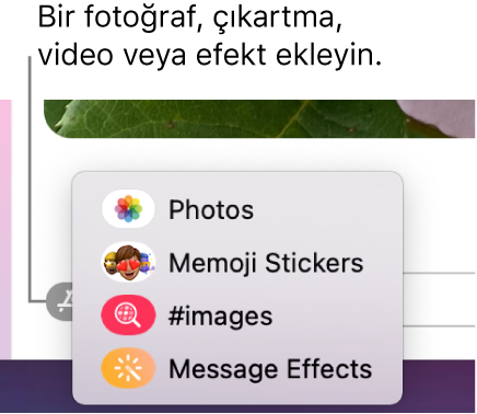 Fotoğrafları, Memoji çıkartmalarını, GIF’leri ve mesaj efektlerini gösterme seçenekleri ile Uygulamalar menüsü.