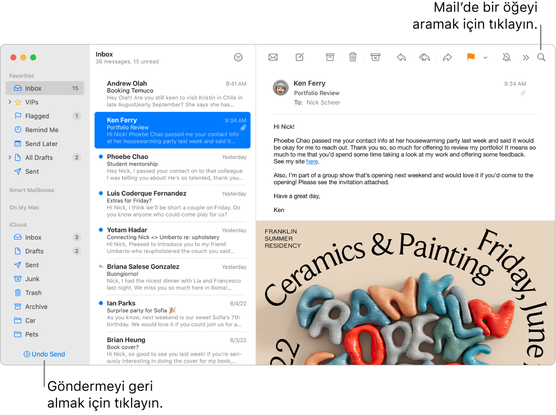 Sol tarafta Favoriler, Akıllı Postaları ve iCloud klasörleriyle kenar çubuğunu, kenar çubuğunun yanında ileti listesini ve sağ tarafta seçili iletinin içeriğini gösteren Mail penceresi.