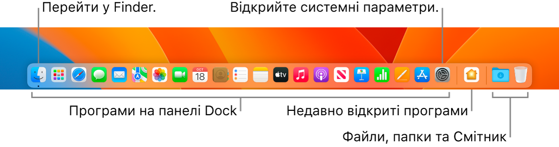 Панель Dock, Finder і Системні параметри та роздільник, що відокремлює програми від папок і файлів на панелі Dock.