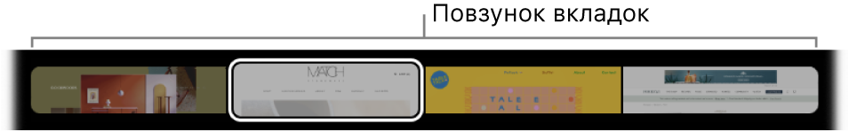 Повзунок вкладок на смузі Touch Bar для Safari. Тут відображаються мініатюри всіх відкритих вкладок.