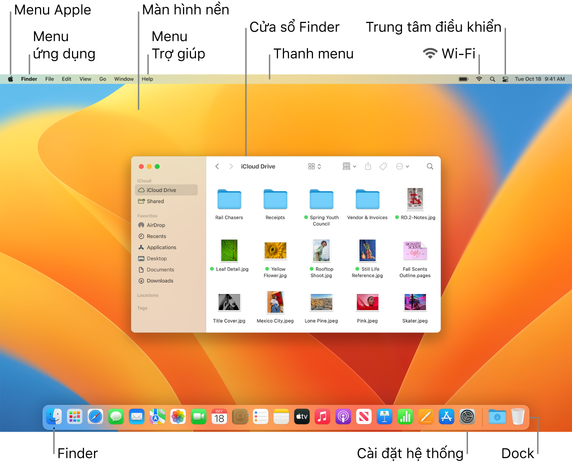 Một màn hình máy Mac đang hiển thị menu Apple, menu Ứng dụng, màn hình nền, menu Trợ giúp, một cửa sổ Finder, thanh menu, biểu tượng Wi-Fi, biểu tượng Trung tâm điều khiển, biểu tượng Finder, biểu tượng Cài đặt hệ thống và Dock.