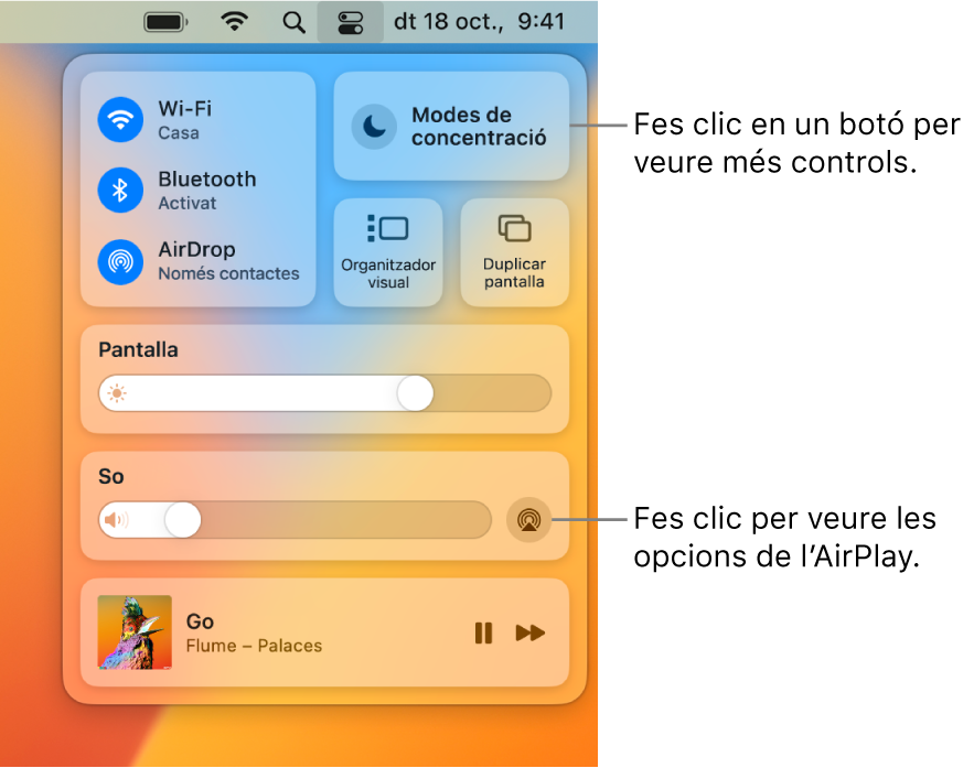 Vista ampliada del centre de control del Mac amb la llegenda del botó Pantalla.