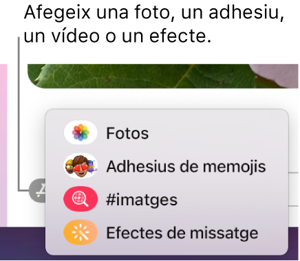El menú d’apps amb les opcions per mostrar fotos, adhesius memoji, GIF i efectes de missatge.