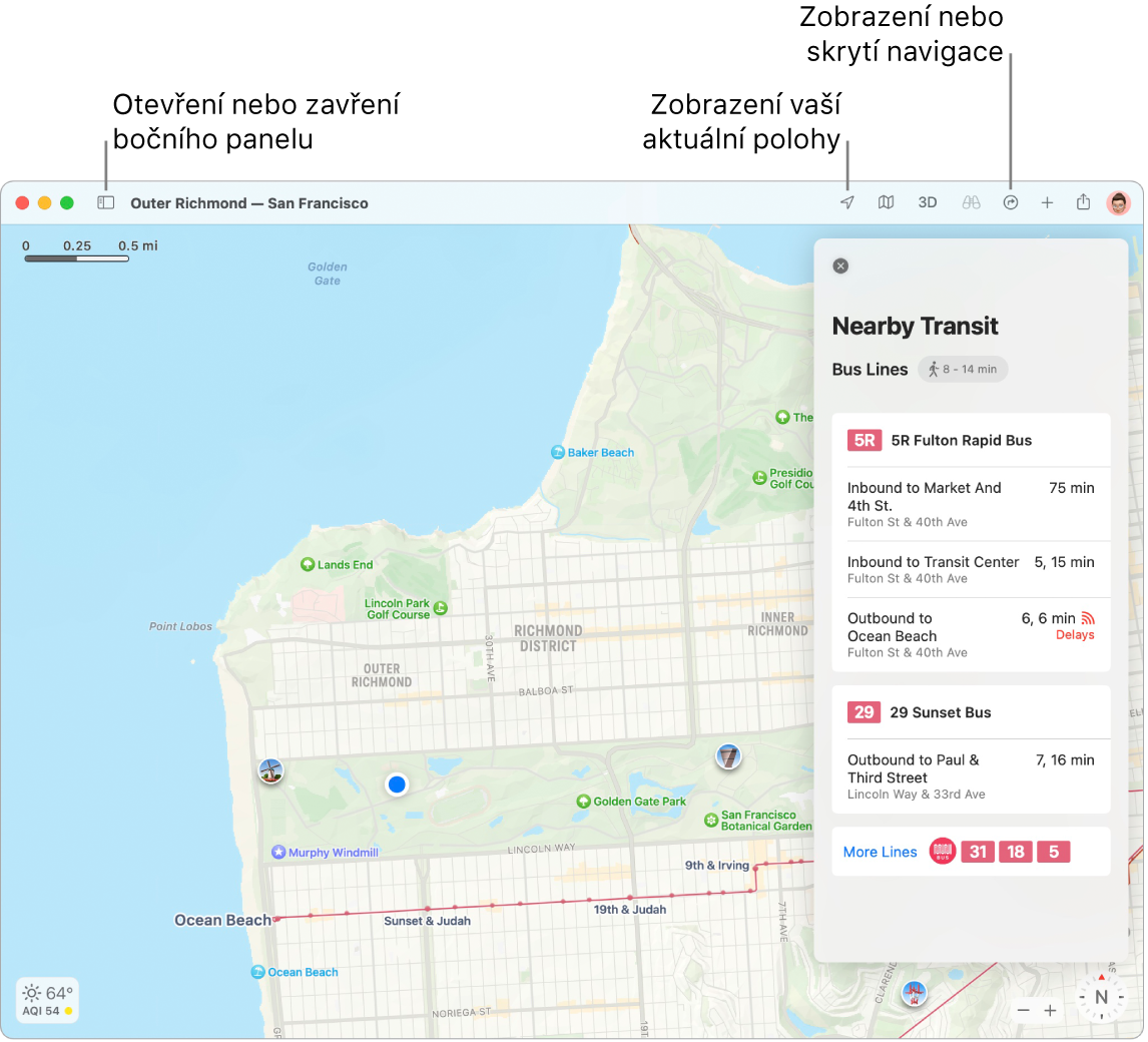 Okno aplikace Mapy s pokyny k vyhledání trasy kliknutím na cíl na bočním panelu, k otevření nebo zavření bočního panelu a k zobrazení vaší aktuální polohy na mapě