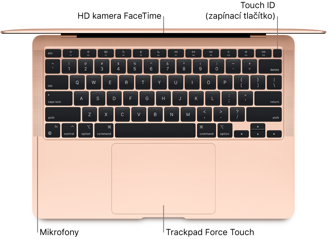 Pohled shora na otevřený MacBook Air s popisky u kamery FaceTime HD, snímače Touch ID (zapínacího tlačítka), mikrofonů a trackpadu Force Touch
