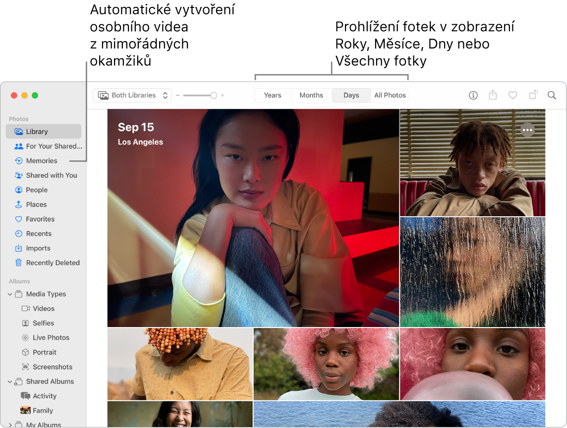 Okno aplikace Fotky s funkcí Vzpomínky na bočním panelu vlevo a místní nabídkou v horní části, která umožňuje zobrazit fotky v albu podle dní, měsíců či let