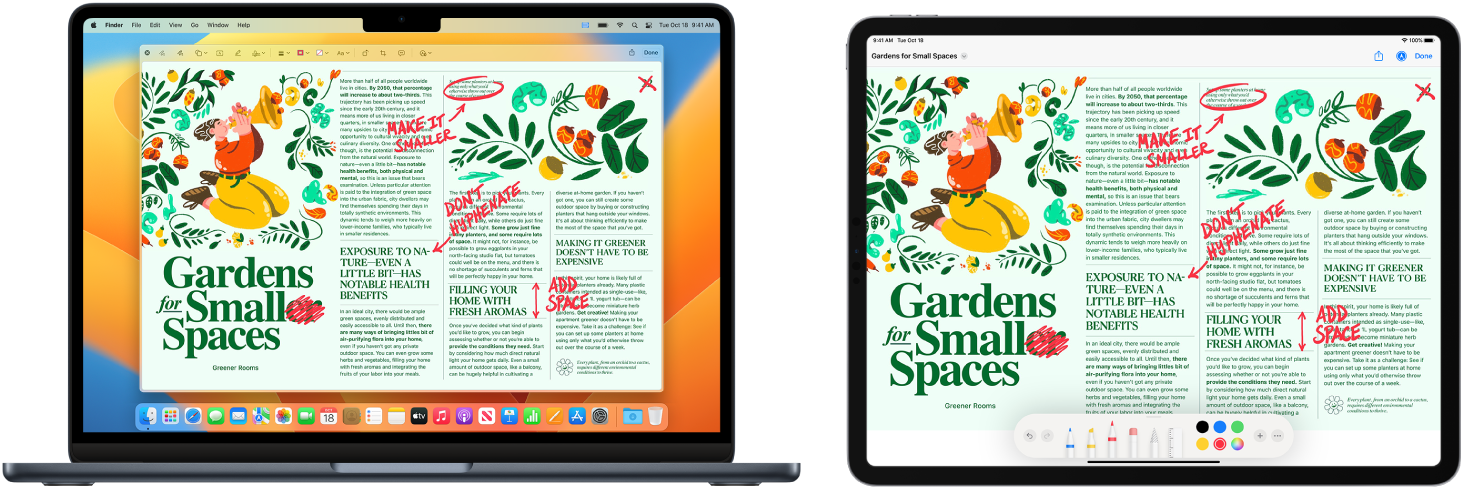 MacBook Air a iPad vedle sebe Na obou displejích je vidět článek s červeně vepsanými ručními korekturami, například přeškrtnutými větami, šipkami a vloženými slovy. U dolního okraje obrazovky iPadu se zobrazují také ovládací prvky pro anotace.