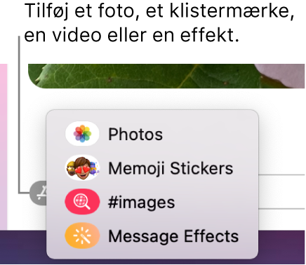 Menuen Apps, der giver mulighed for at vise fotos, Memoji-klistermærker, GIF-billeder og beskedeffekter.