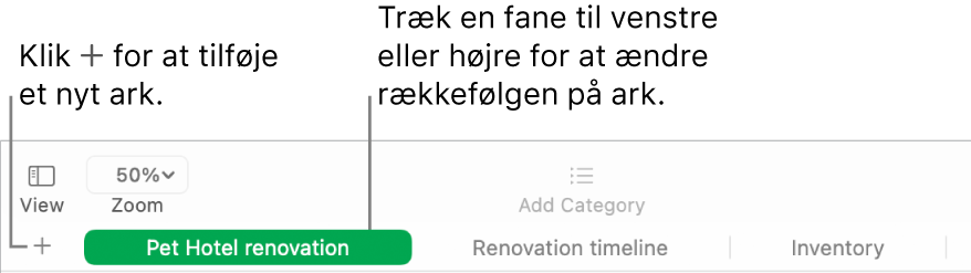 Et Numbers-vindue, der viser, hvordan du tilføjer et nyt ark og flytter rundt på ark.