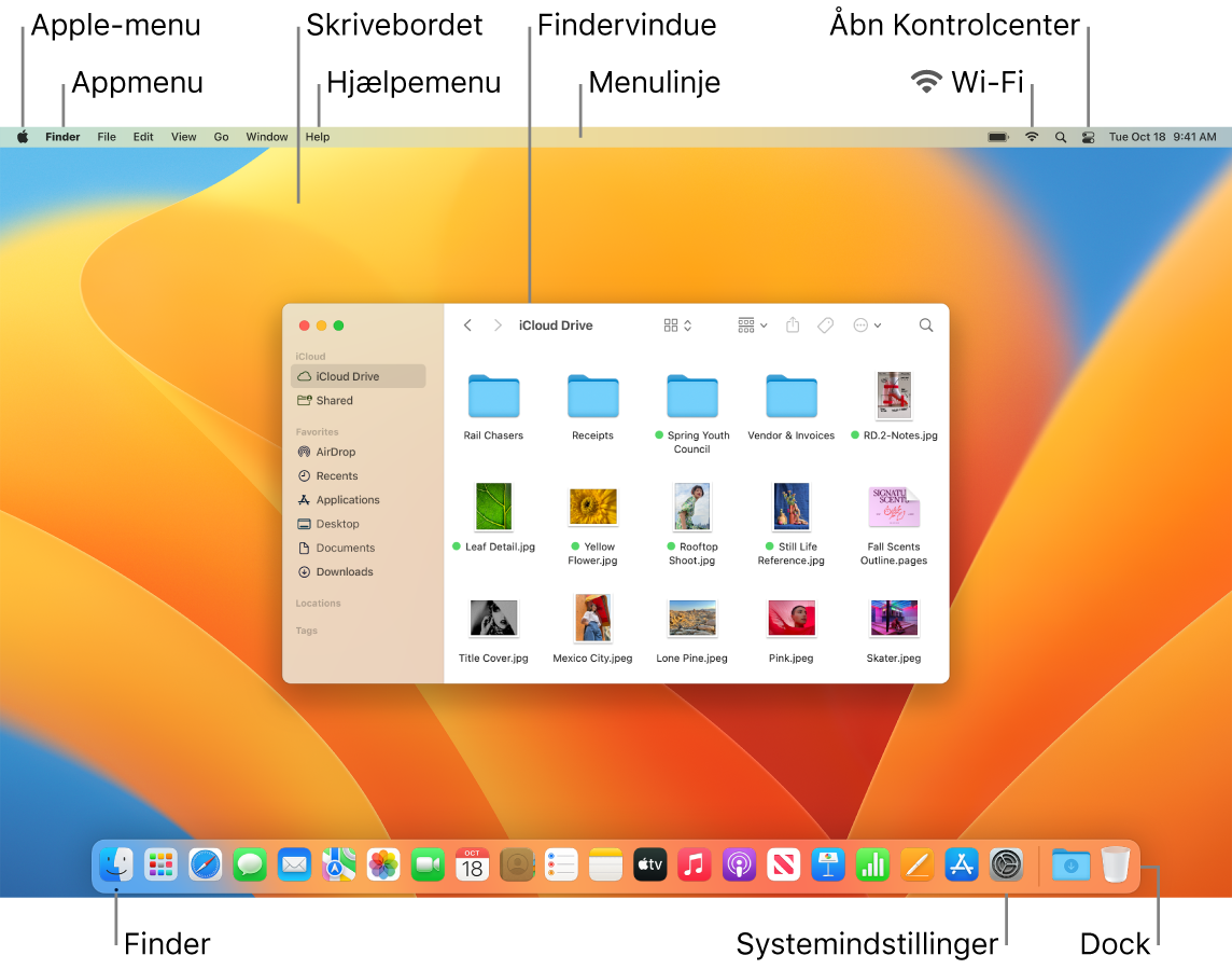 En Mac-skærm med Apple-menuen, appmenuen, skrivebordet, Hjælpemenuen, et Findervindue, menulinjen, symbolet for Wi-Fi, symbolet for Kontrolcenter, symbolet for Finder, symbolet for Systemindstillinger og Dock.