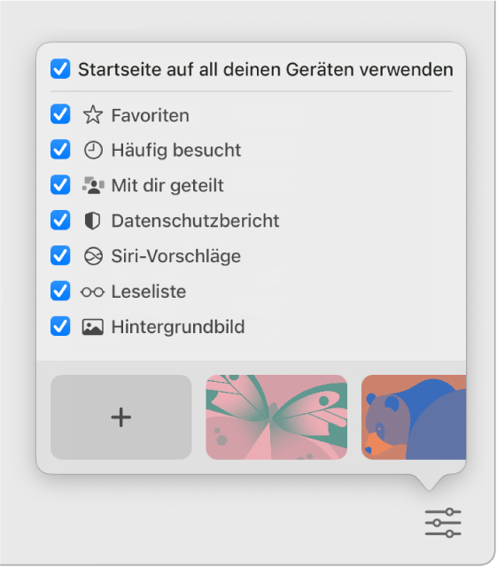 Das Einblendmenü „Safari anpassen“ mit Markierungsfeldern für „Favoriten“, „Häufig besucht“, „Mit dir geteilt“, „Datenschutzbericht“, „Siri-Vorschläge“, „Leseliste“ und „Hintergrundbild“.