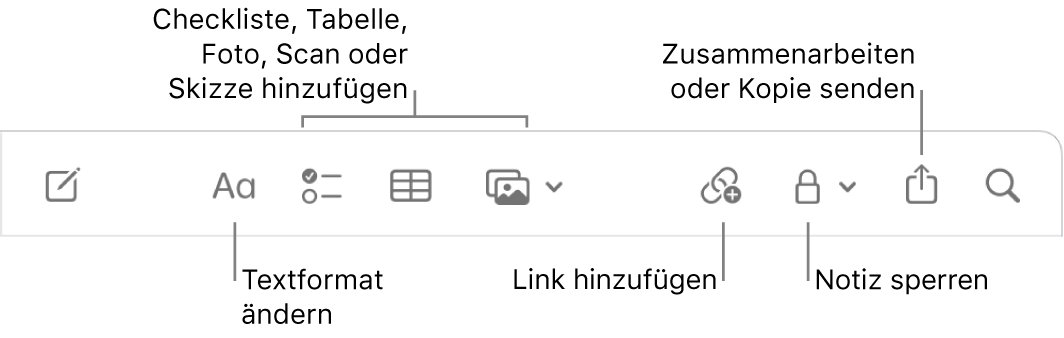 Die Symbolleiste der App „Notizen“ mit Legenden zu den Tools für Checklisten, Tabellen, Links, Fotos/Medien, Schutz, Teilen und Senden einer Kopie.