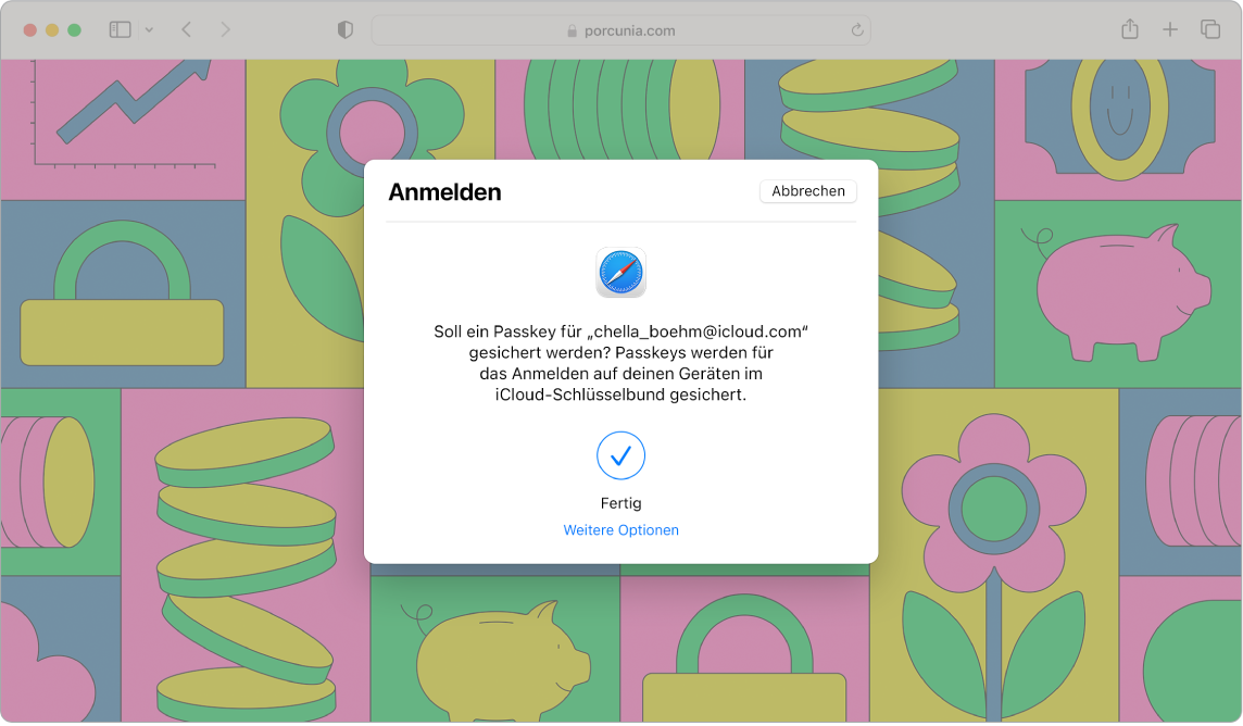 Ein Safari-Fenster zeigt einen Anmeldedialog, der fragt ob ein Passkey gesichert werden soll. Der Dialog sagt, dass Passkeys in deinem iCloud-Schlüsselbund gesichert werden und zum Anmelden auf all deinen Geräten verfügbar sind. Ein blaues Häkchen weist darauf hin, dass ein Passkey erstellt wurde.
