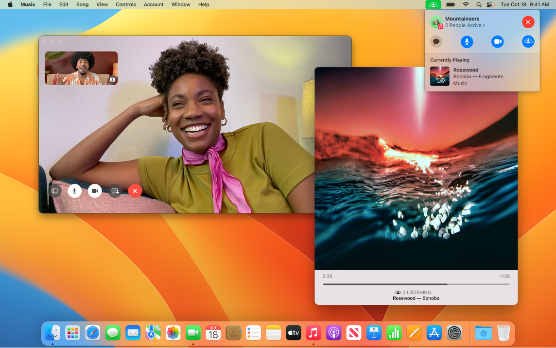 Μια κοινή εμπειρία ακρόασης με τους ακροατές στο παράθυρο του FaceTime και ένα παράθυρο της εφαρμογής «Μουσική» στο οποίο αναπαράγεται ένα τραγούδι.