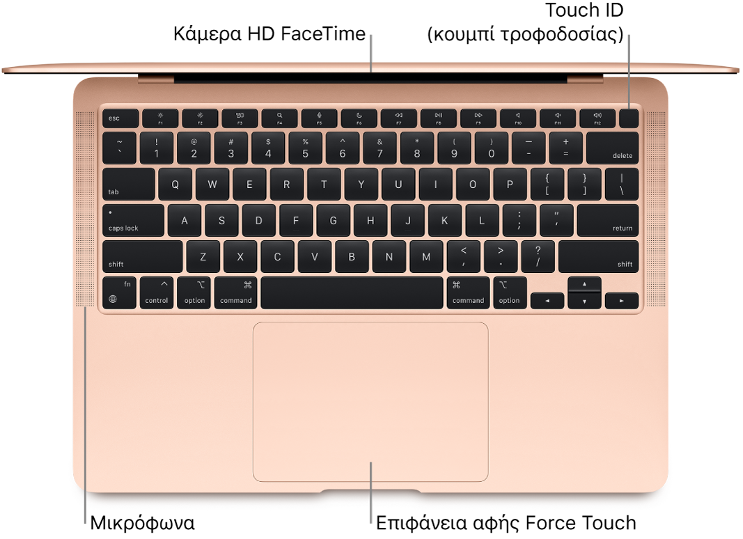 Η κάτοψη ενός ανοιχτού MacBook Air, με επεξηγήσεις για την κάμερα HD FaceTime, το Touch ID (κουμπί τροφοδοσίας), τα μικρόφωνα, και την επιφάνεια αφής Force Touch.