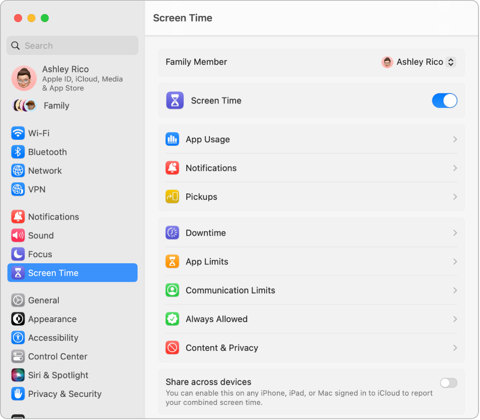 A Screen Time settings window showing options to see App Usage, Notifications, and Pickups, as well as options for managing Screen Time, like scheduling Downtime, setting App and Communication Limits, and more.
