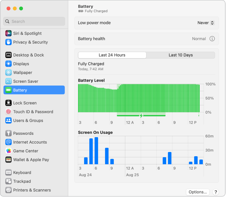 Battery Settings window showing the last ten days of Energy Usage. The window also that the Battery Health is normal, and there is an option to turn on Low Power Mode.