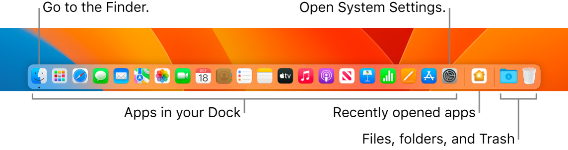 The Dock, showing the Finder, System Settings, and the divider in the Dock that separates apps from files and folders.