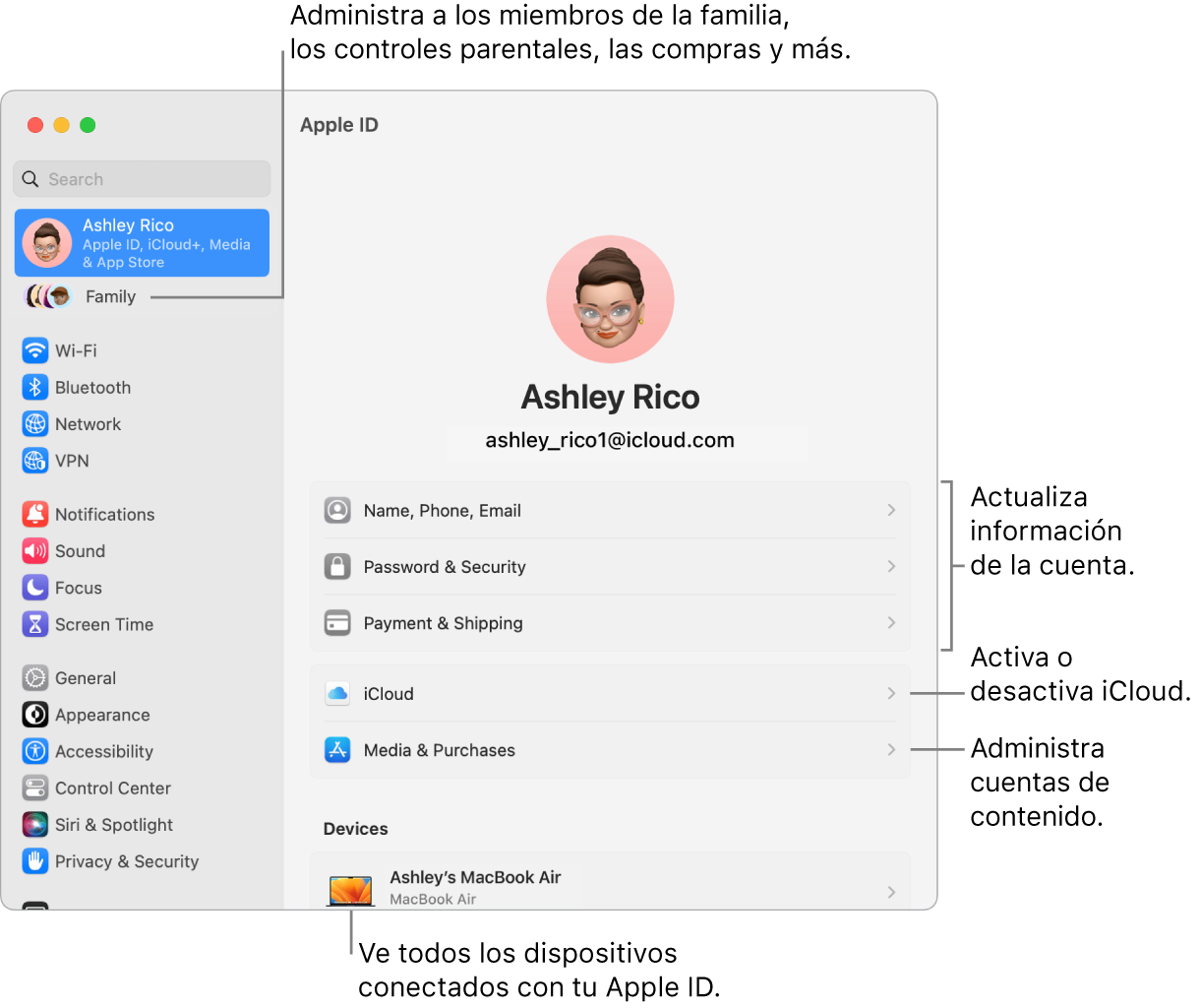 La configuración de Apple ID en Configuración del Sistema con textos para actualizar la información de la cuenta, activar o desactivar funciones de iCloud, administrar cuentas de contenido, y Familia, donde puedes administrar familiares, controles parentales, compras y más.