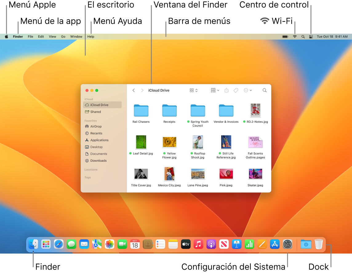 La pantalla de una Mac mostrando el menú Apple, el menú de la app, el escritorio, el menú Ayuda, una ventana del Finder, la barra de menús, el ícono de Wi-Fi, el ícono del Centro de control, el ícono del Finder, el ícono de Configuración del Sistema y el Dock.