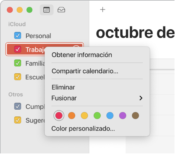 Menú de función rápida de Calendario con opciones para personalizar el color de un calendario.