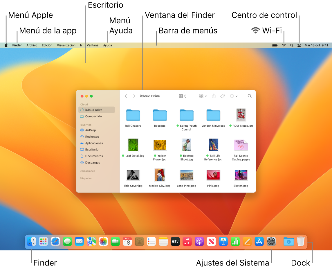 Una pantalla del Mac en la que se muestra el menú Apple, el menú de la app, el escritorio, el menú Ayuda, una ventana del Finder, la barra de menús, el icono de Wi-Fi, el icono del centro de control, el icono del Finder, el icono de Ajustes del Sistema y el Dock.