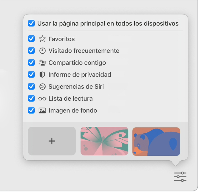 El menú desplegable Personalizar Safari con casillas para Favoritos, “Visitado frecuentemente”, “Compartido contigo”, “Informe de privacidad”, “Sugerencias de Siri”, “Lista de lectura” e “Imagen de fondo”.