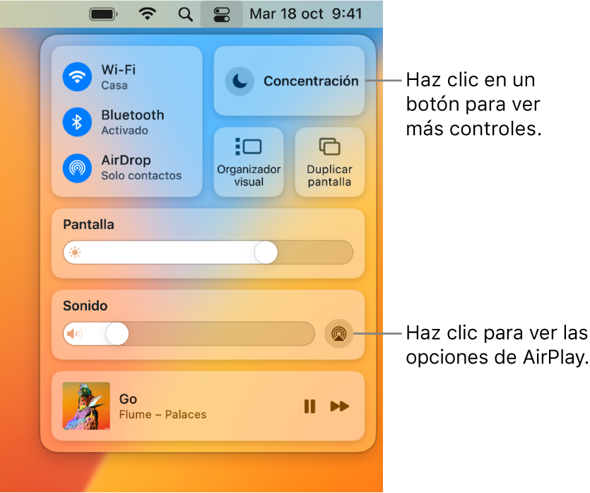 Vista ampliada del centro de control del Mac con una llamada al botón de mostrar.