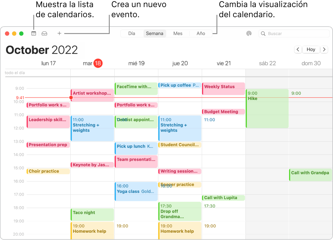 Una ventana de Calendario donde se muestra la lista de calendarios, cómo crear un evento, cómo mostrar la lista de calendarios y cómo seleccionar la vista Día, Semana, Mes o Año.