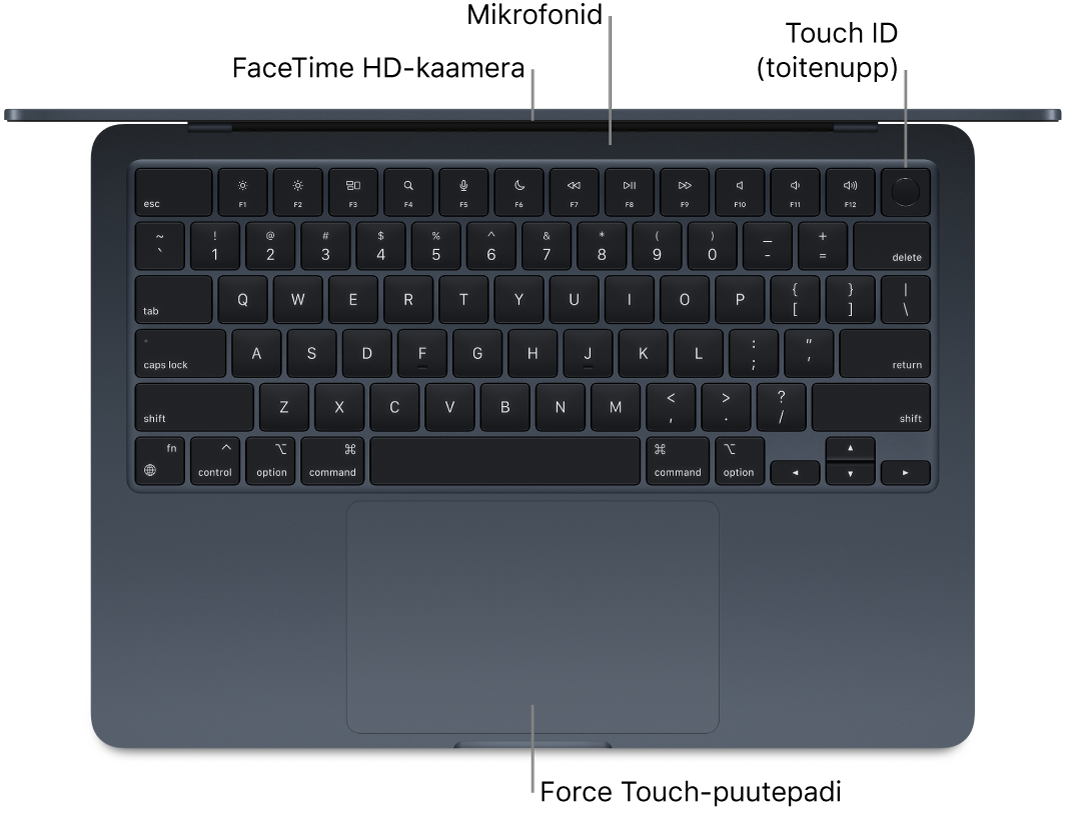 Ülaltvaade avatud MacBook Airile väljaviikudega FaceTime HD-kaamerale, mikrofonidele, Touch ID-le (toitenupule) ja Force Touch-puuteplaadile.