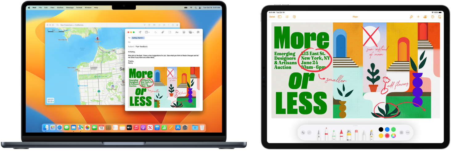 MacBook Air ja iPad näkyvät vierekkäin. iPadin näytöllä näkyy esite, johon on tehty merkintöjä. MacBook Airin näytöllä on Mail-viesti ja liitteenä iPadista esite, johon on tehty merkintöjä.