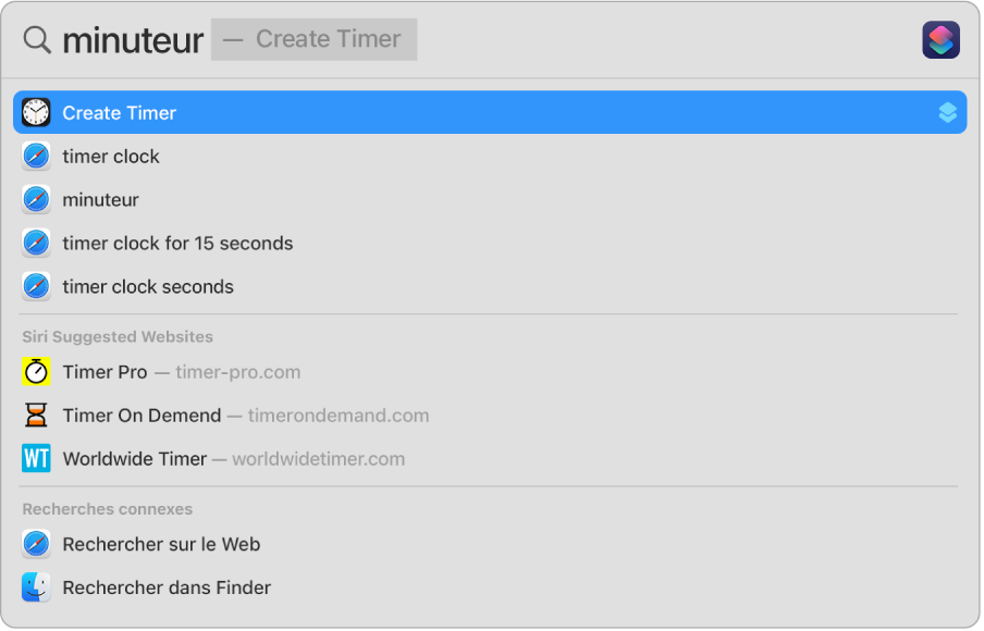 Recherche Spotlight correspondant à « minuteur », affichant les résultats pour utiliser l’action rapide pour « Créer un minuteur ».
