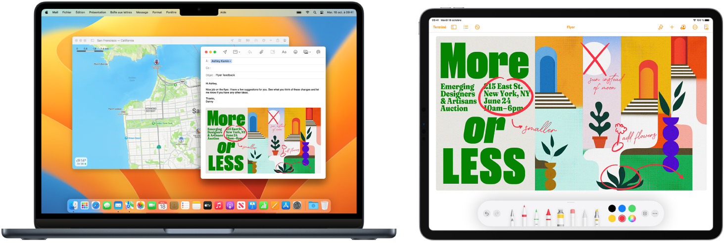 Un MacBook Air et un iPad sont affichés l’un à côté de l’autre. L’écran de l’iPad présente un prospectus avec des annotations. L’écran du MacBook Air affiche un message Mail, avec comme pièce jointe le prospectus annoté de l’iPad.