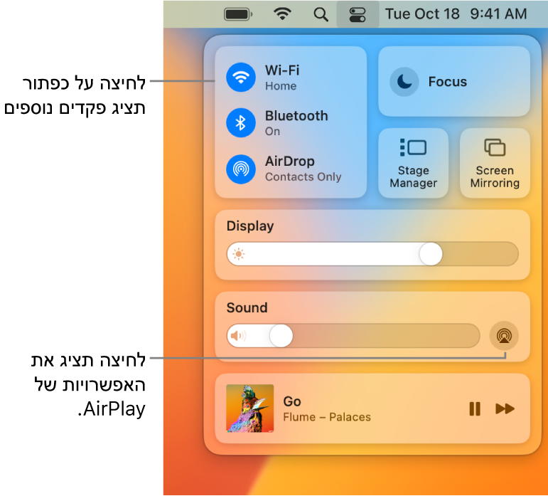 תצוגה מוגדלת של “מרכז הבקרה” ב-Mac, עם הסבר לכפתור “צג”.