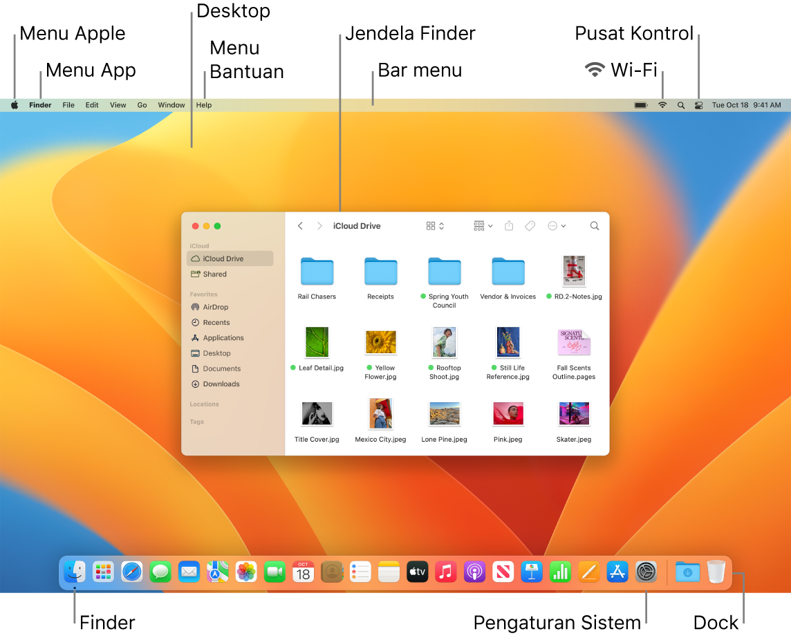 Layar Mac menampilkan menu Apple, menu App, desktop, menu Bantuan, jendela Finder, bar menu, ikon Wi-Fi, ikon Pusat Kontrol, ikon Finder, ikon Pengaturan Sistem, dan Dock.