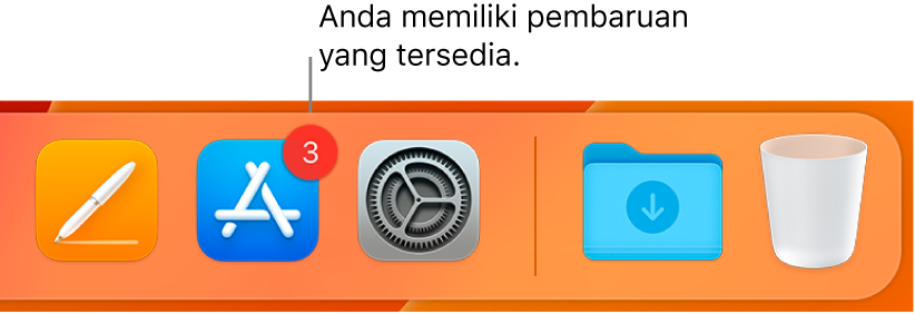 Bagian di Dock menampilkan ikon App Store dengan lencana, menunjukkan bahwa pembaruan tersedia.