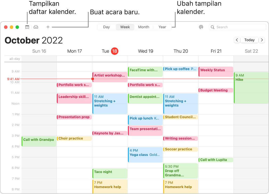 Jendela Kalender menampilkan daftar kalender, cara membuat acara, dan cara memilih tampilan Hari, Minggu, Bulan, atau Tahun.