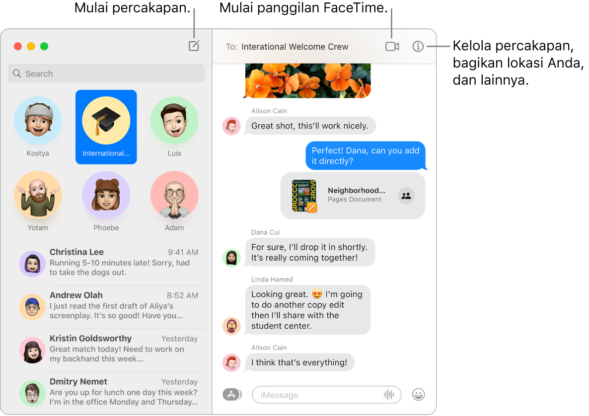 Jendela Pesan menampilkan cara untuk memulai percakapan dan panggilan FaceTime.