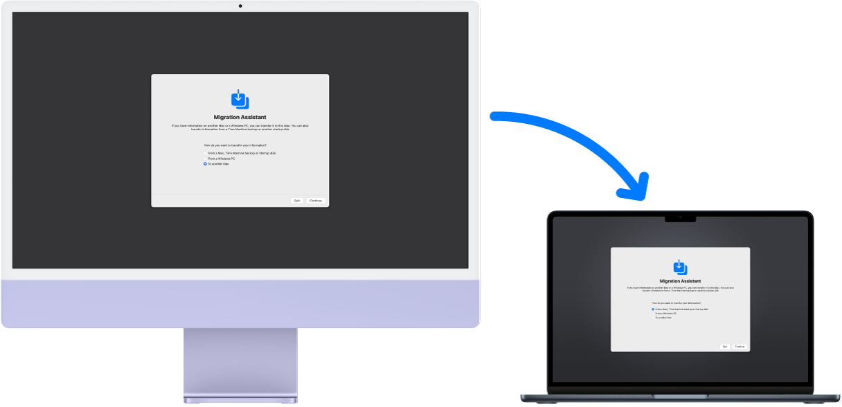 iMac dan MacBook Air menampilkan layar Asisten Migrasi. Panah dari iMac ke MacBook Pro menandakan transfer data dari satu ke yang lain.