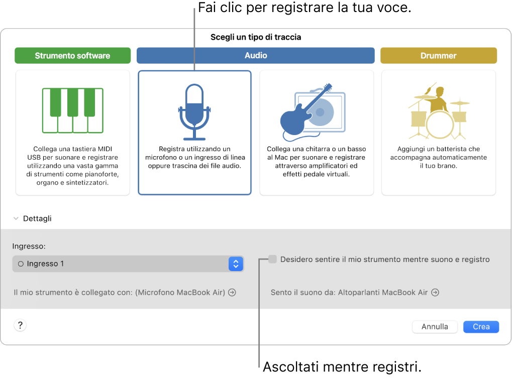 Il pannello degli strumenti di GarageBand che mostra dove fare clic per registrare una voce e come riascoltarsi durante la registrazione.