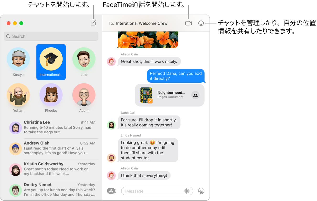 メッセージウインドウ。チャットの開始方法とFaceTime通話の開始方法を示しています。