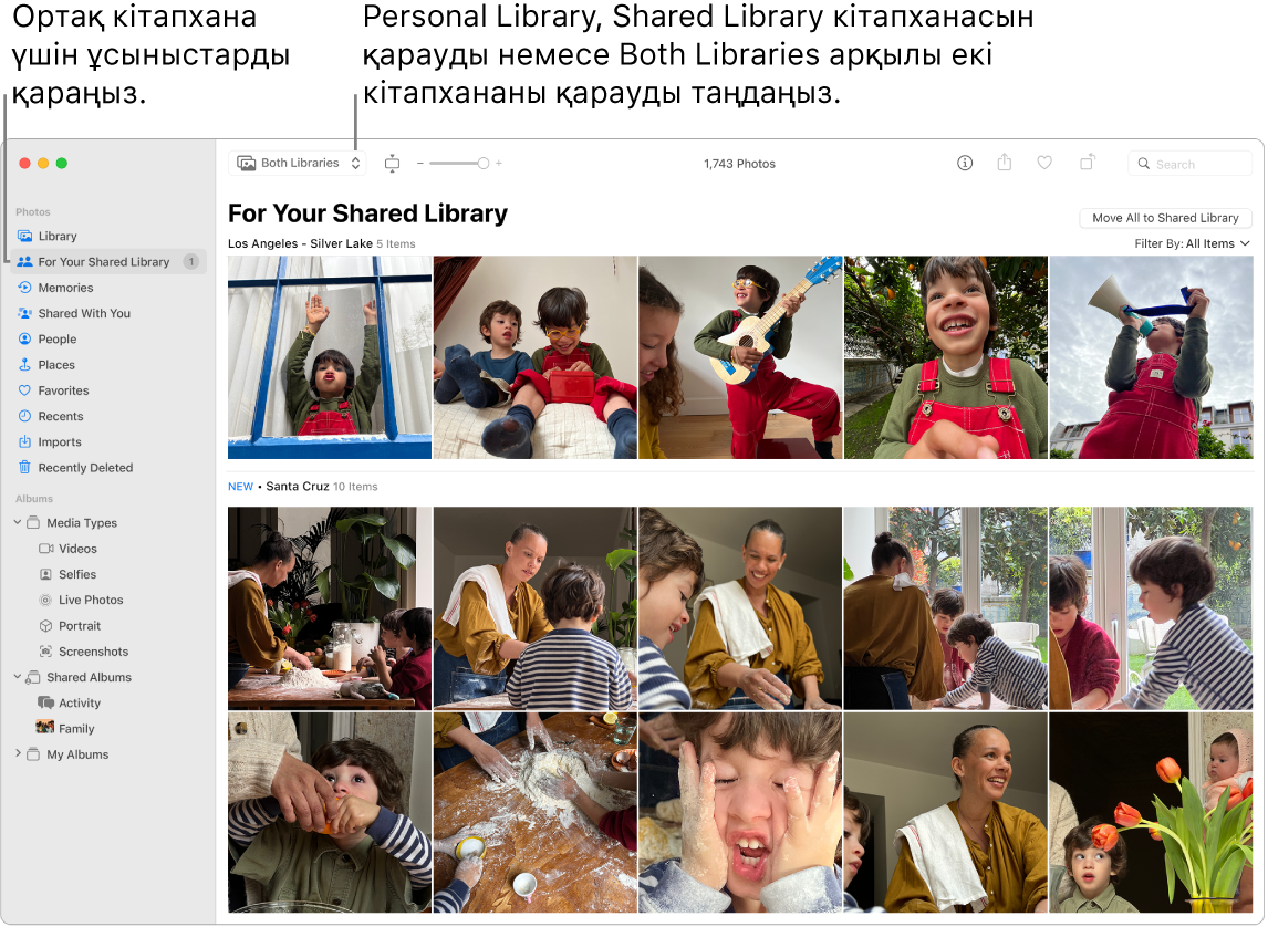iCloud Shared Photo Library кітапханасын көрсетіп тұрған Photos терезесі.