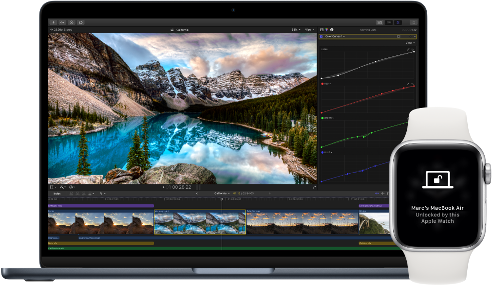 Mac компьютерінің құлпы сағатпен ашылғанын білдіретін хабарды көрсетіп тұрған Apple Watch құрылғысының жанындағы MacBook Air.