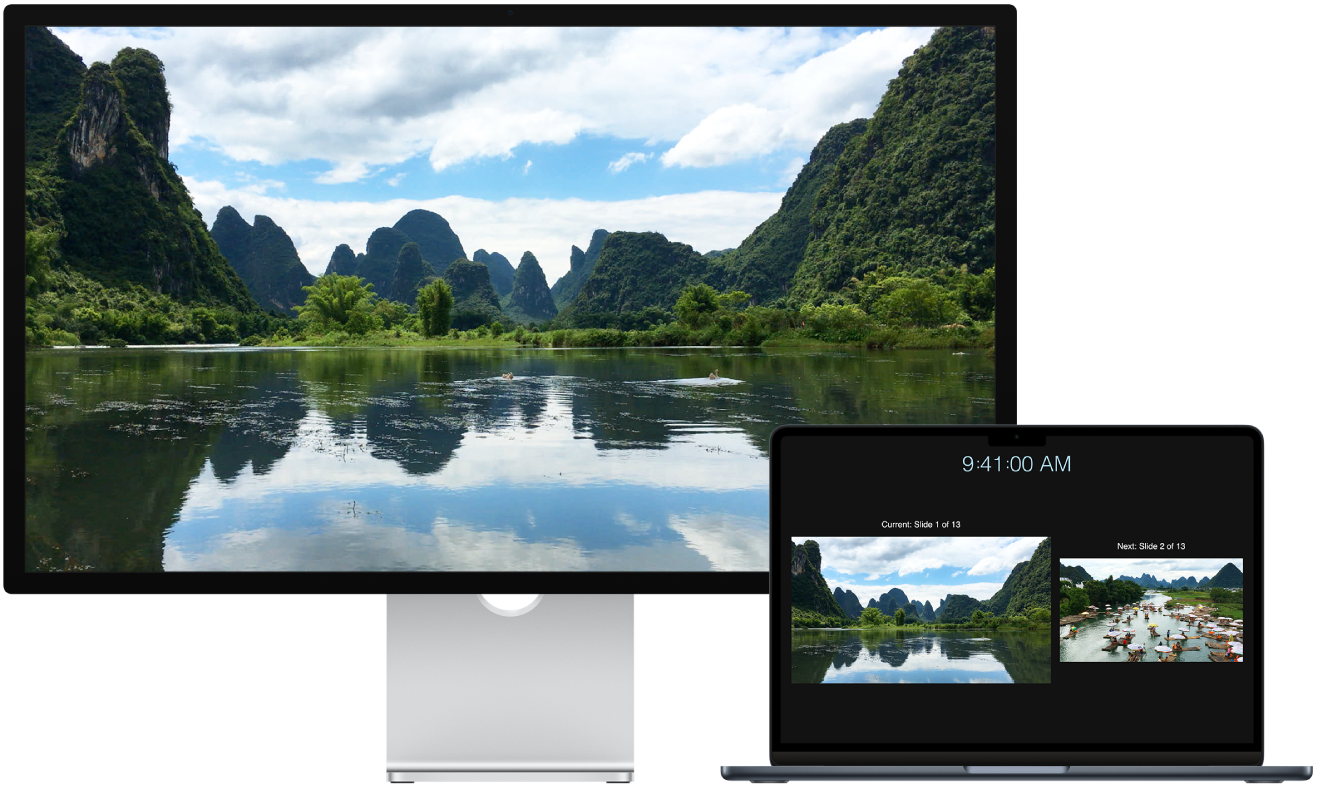 Studio Display мониторының жанында сыртқы дисплей ретінде пайдаланылған MacBook Air.